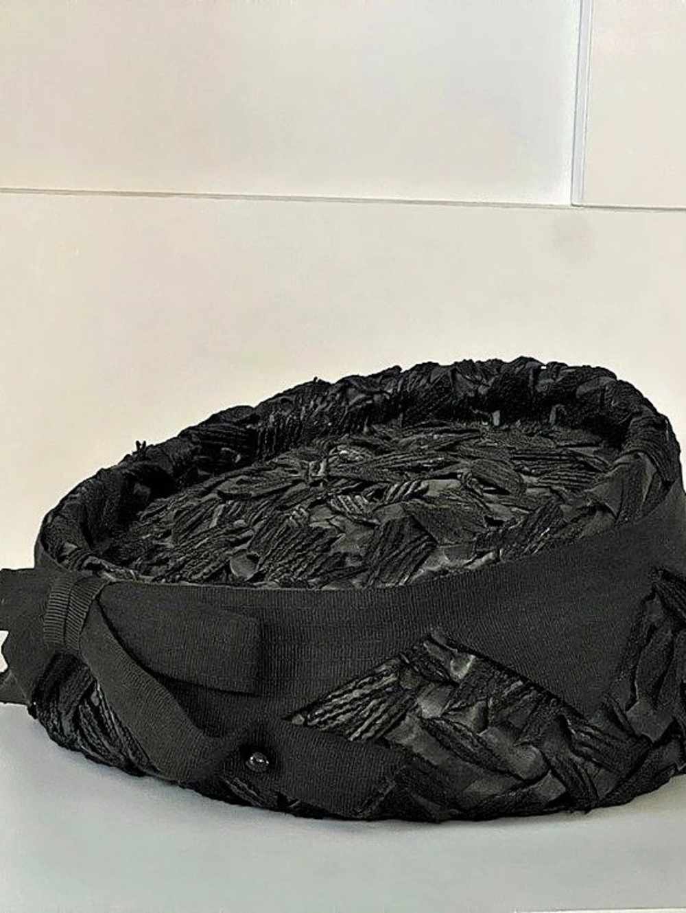 Vintage 1950s Black Cellophane Woven Pillbox Hat Bergman's Union Made